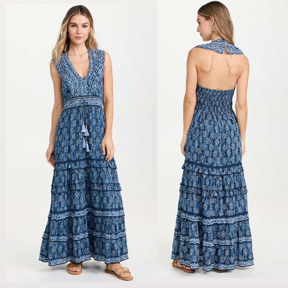 Bell by Alicia Bell || Harper Halter Maxi Dress Ruffle Floral Indigo Blue XL NWT
